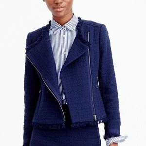 J. Crew Women’s Tweed Motorcycle‎ Jacket with Fringe Navy Blue Size 0